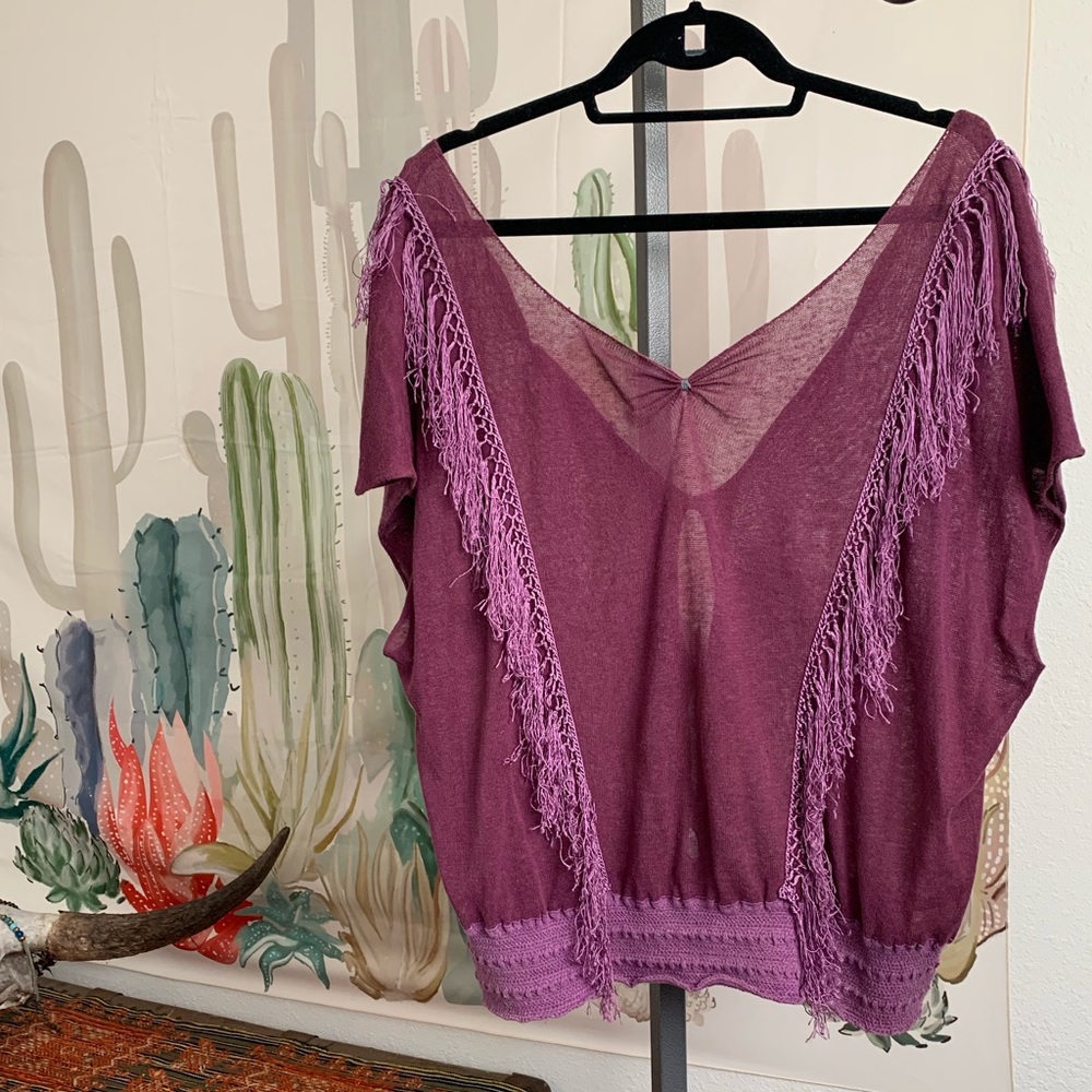 Free People Fringed Aubergine Sheer Top